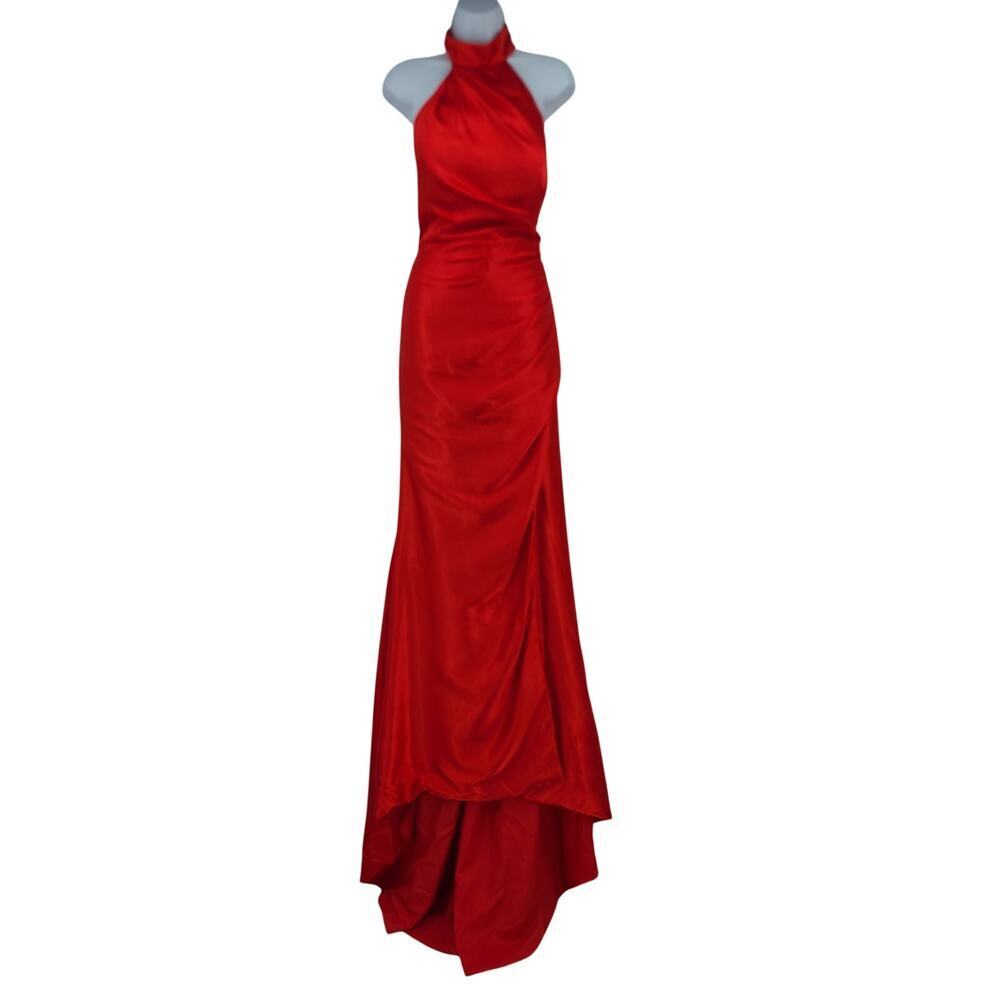 Satin Red halter pleated Elegant Maxi Gown Prom Sz 16W Formal Valentine's - Picture 2 of 13